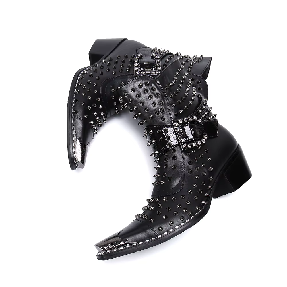 Bottes en cuir pointues à talons hauts pour hommes, chaussures de qualité, rivet, personnalité, chan
