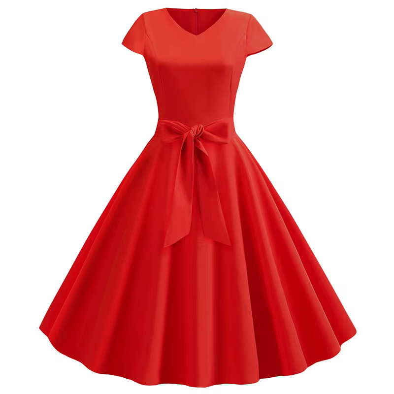 Robe d'été Vintage pour femmes, avec ceinture, manches courtes, col en V, élégante, rétro, robes de 