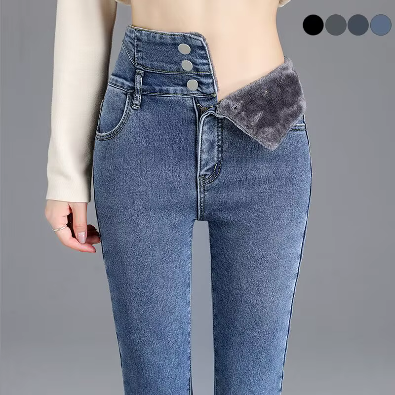 Thermique hiver épais polaire taille haute chaud jean moulant épais femmes Stretch bouton crayon pan