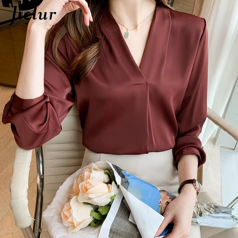 Jielur – chemises blanches de bureau pour femmes, couleur unie, col en v, hauts Skinny à manches lon