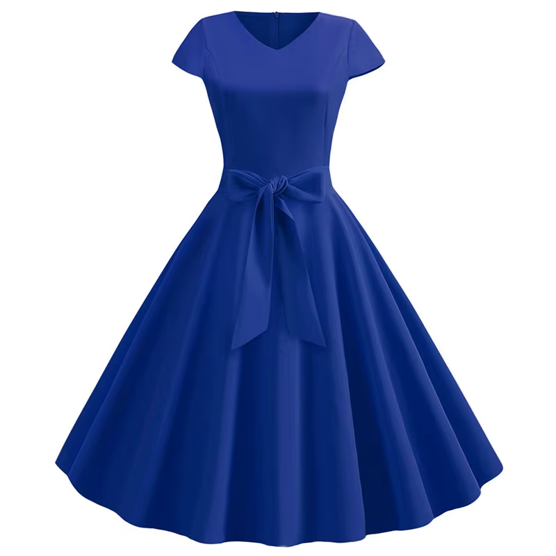Robe d'été Vintage pour femmes, avec ceinture, manches courtes, col en V, élégante, rétro, robes de 