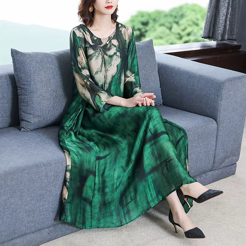 ZUOMAN 2025 ample décontracté imprimé mûrier soie Maxi robe printemps été Vintage 4XL grande taille 
