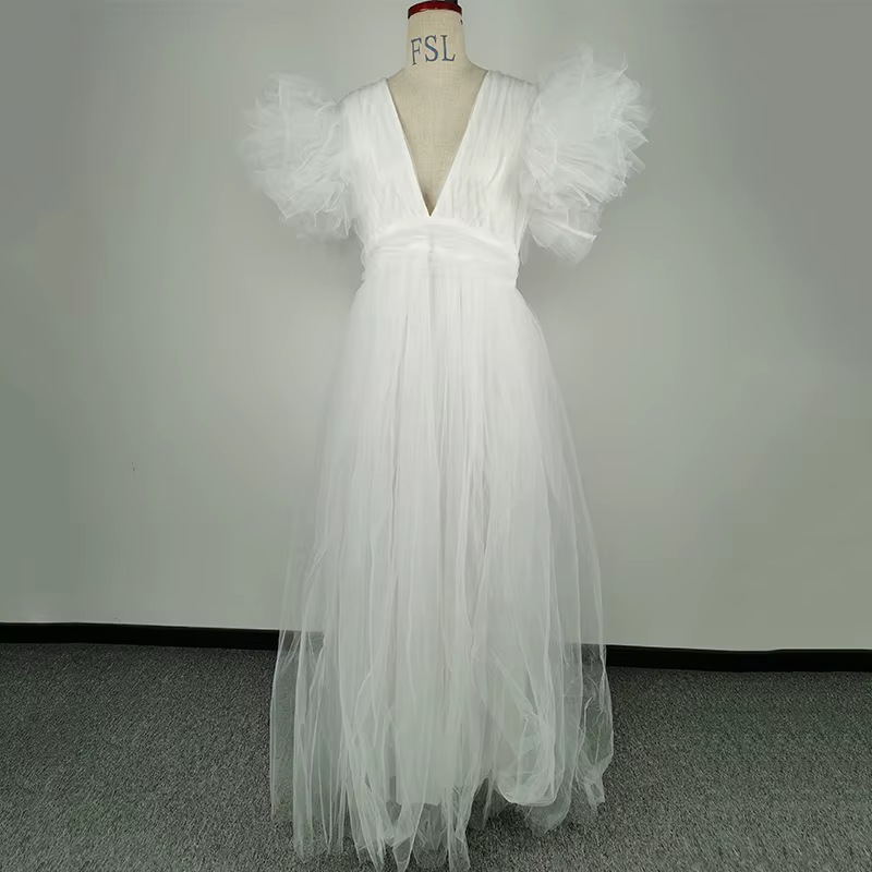 Robe de soirée en mousseline de soie blanche pour femmes, manches courtes, col en V, grande taille, 