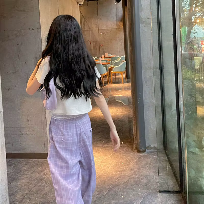 Ensemble haut court à manches courtes pour femmes, pantalon à carreaux adt, streetwear chic de loisi
