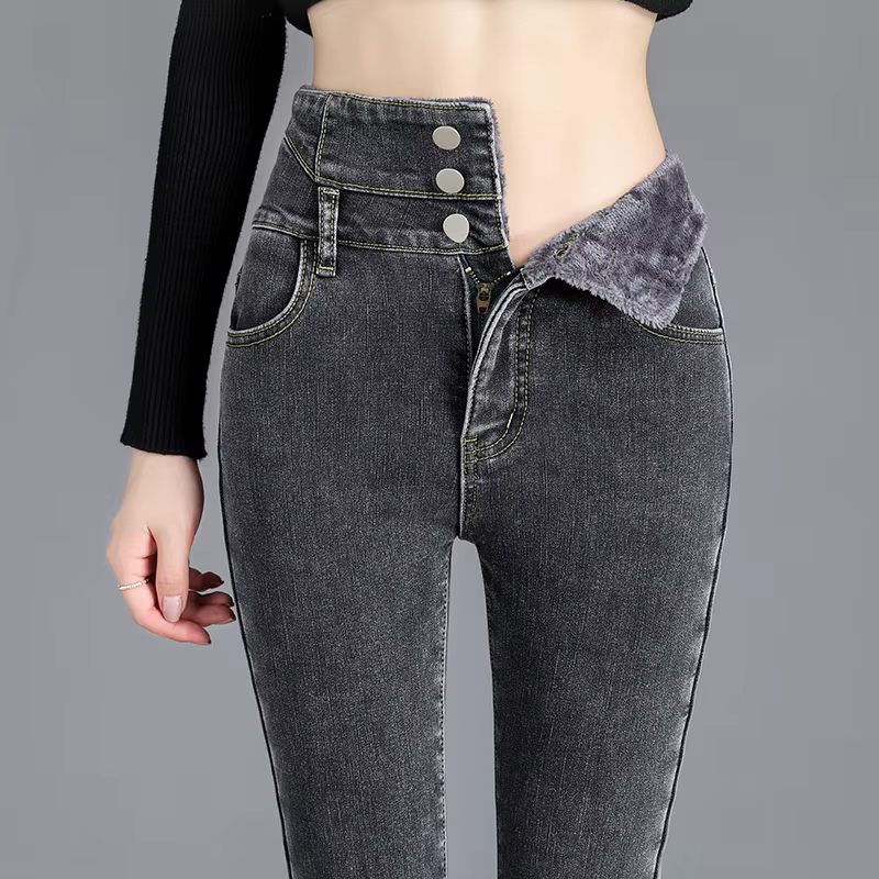 Thermique hiver épais polaire taille haute chaud jean moulant épais femmes Stretch bouton crayon pan