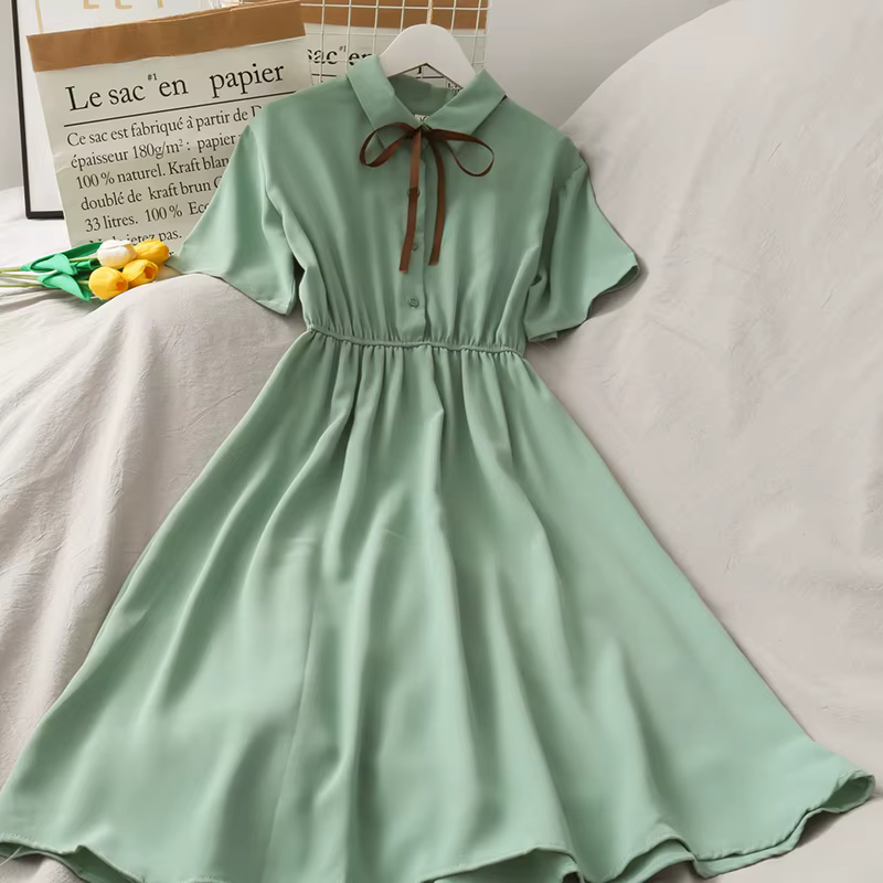 Robe en mousseline de soie avec nœud pour femme, monochromatique, taille haute, col rabattu, style p