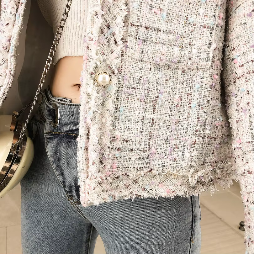 SMTHMA-Manteau en laine tweed à simple boutonnage pour femme, veste à pompon, col rond, manches long