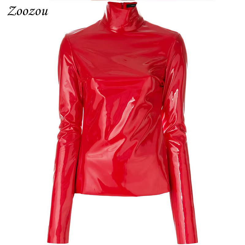 Pull à col roulé en similicuir verni pour femme, chemise à manches longues en Y, pull en PVC avec fe