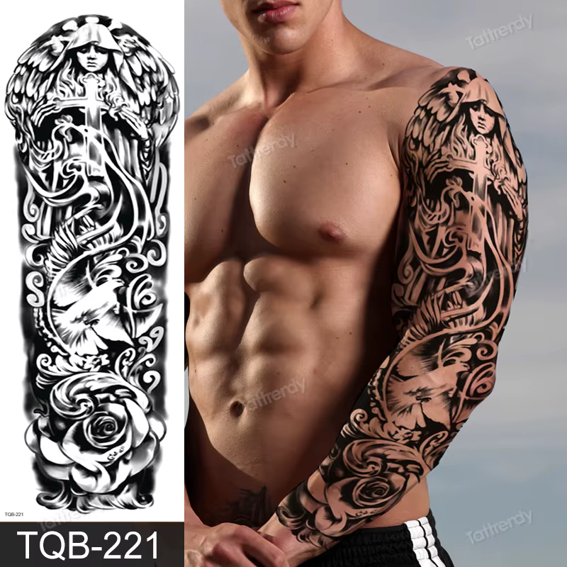 Tatouage temporaire pour bras complet, grand totem noir, faux, imperméable, tête de mort, manches de