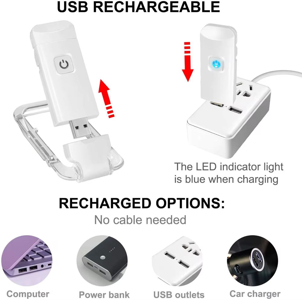 USB Rechargeable livre lampe de lecture luminosité réglable LED pince sur livre lumière soins des ye