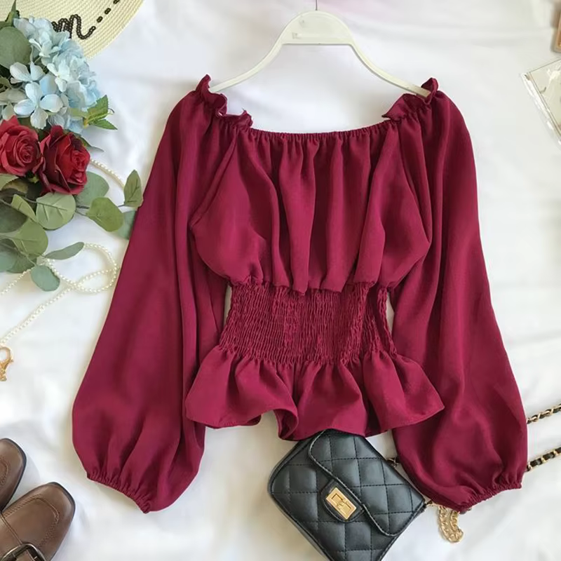 Chemisier Élégant en Mousseline de Soie pour Femme, Chemise Blanche à Volants et Manches Bouffantes,