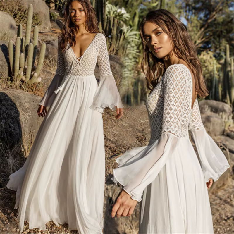 Femmes manches longues évasées col en V blanc creux Boho dentelle Maxi robe femme vacances Chic été