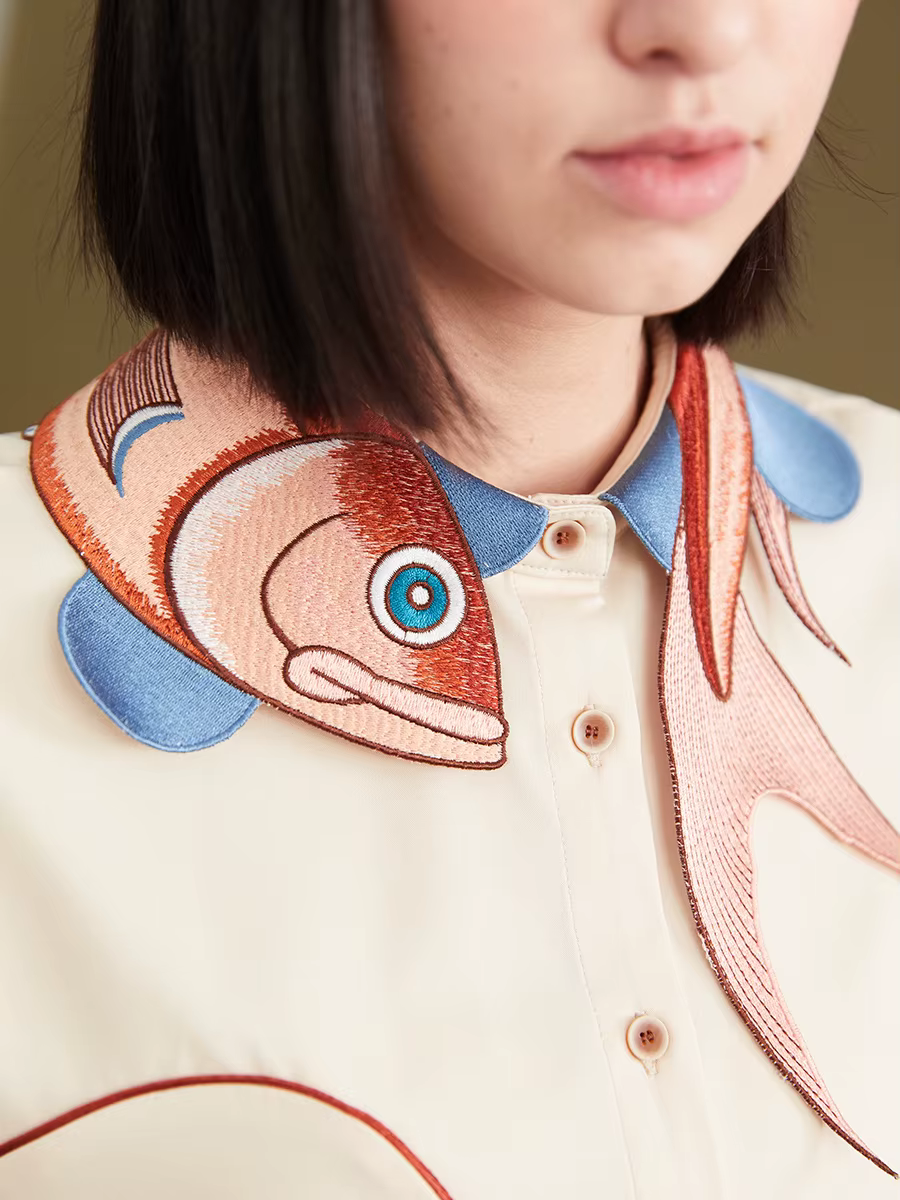 Chemise à manches courtes pour femmes, brodée irrégulière, poisson Koi, printemps et automne