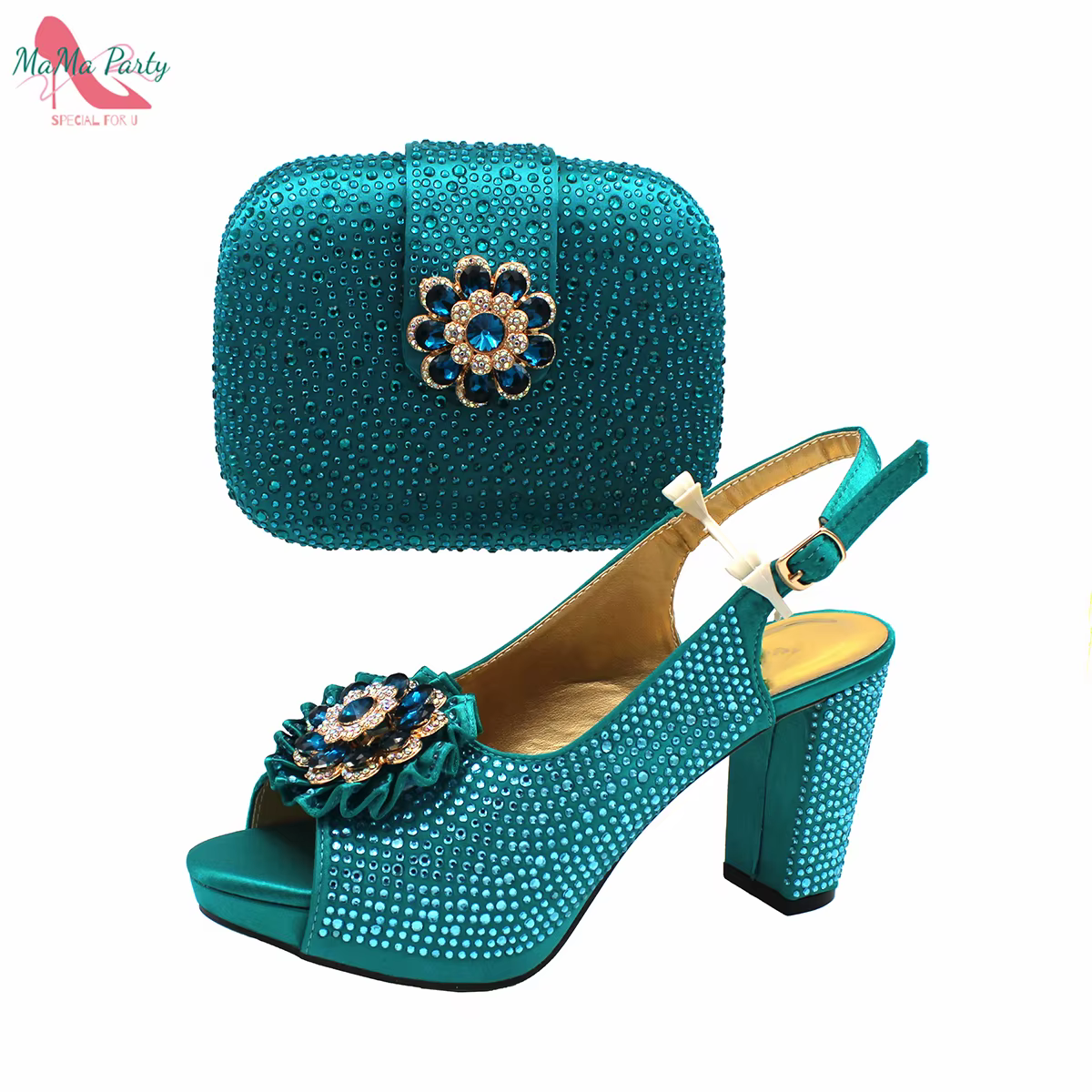 Chaussures Africaines Mmob et Sac à Assortir en Document Sarcelle, Talons Confortables avec Platefor