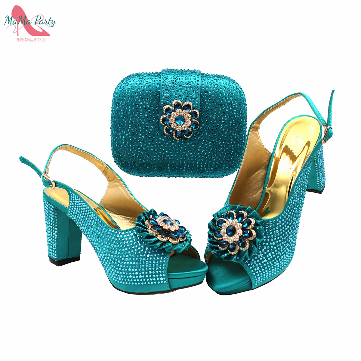 Chaussures Africaines Mmob et Sac à Assortir en Document Sarcelle, Talons Confortables avec Platefor