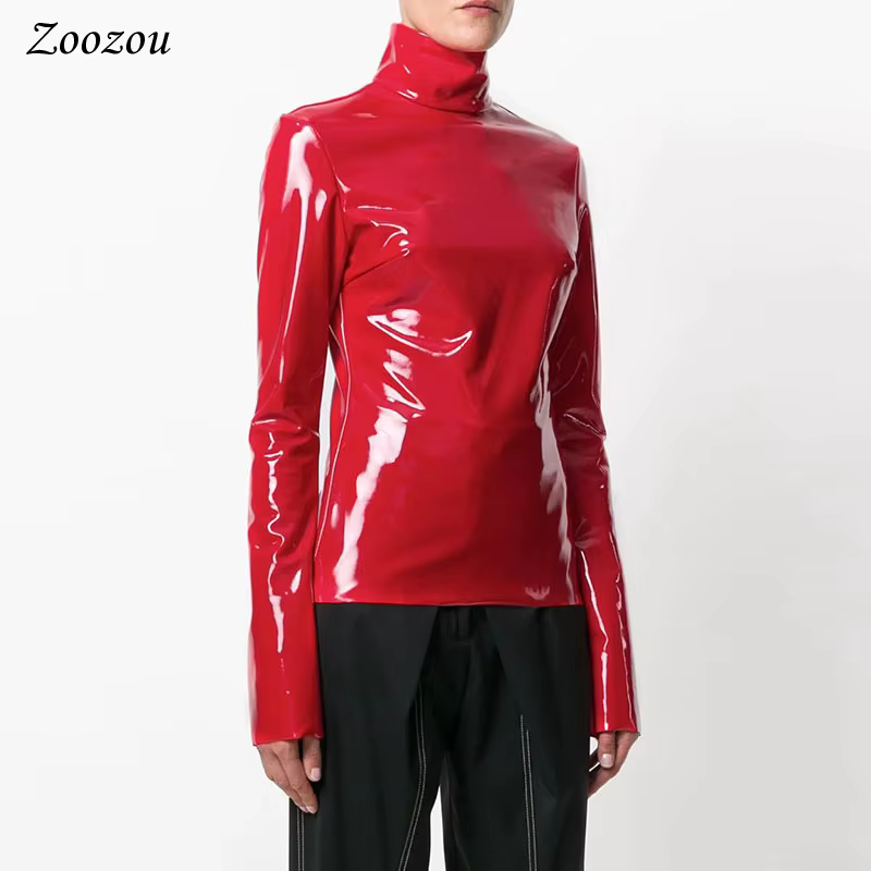Pull à col roulé en similicuir verni pour femme, chemise à manches longues en Y, pull en PVC avec fe