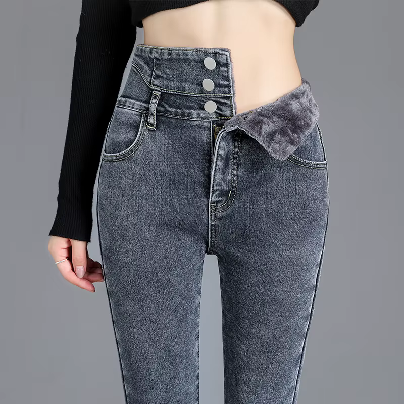 Thermique hiver épais polaire taille haute chaud jean moulant épais femmes Stretch bouton crayon pan
