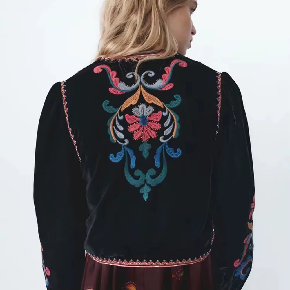 XESAY – veste d'hiver pour femme, manteau brodé, manches longues, col rond, Vintage, point ouvert, d