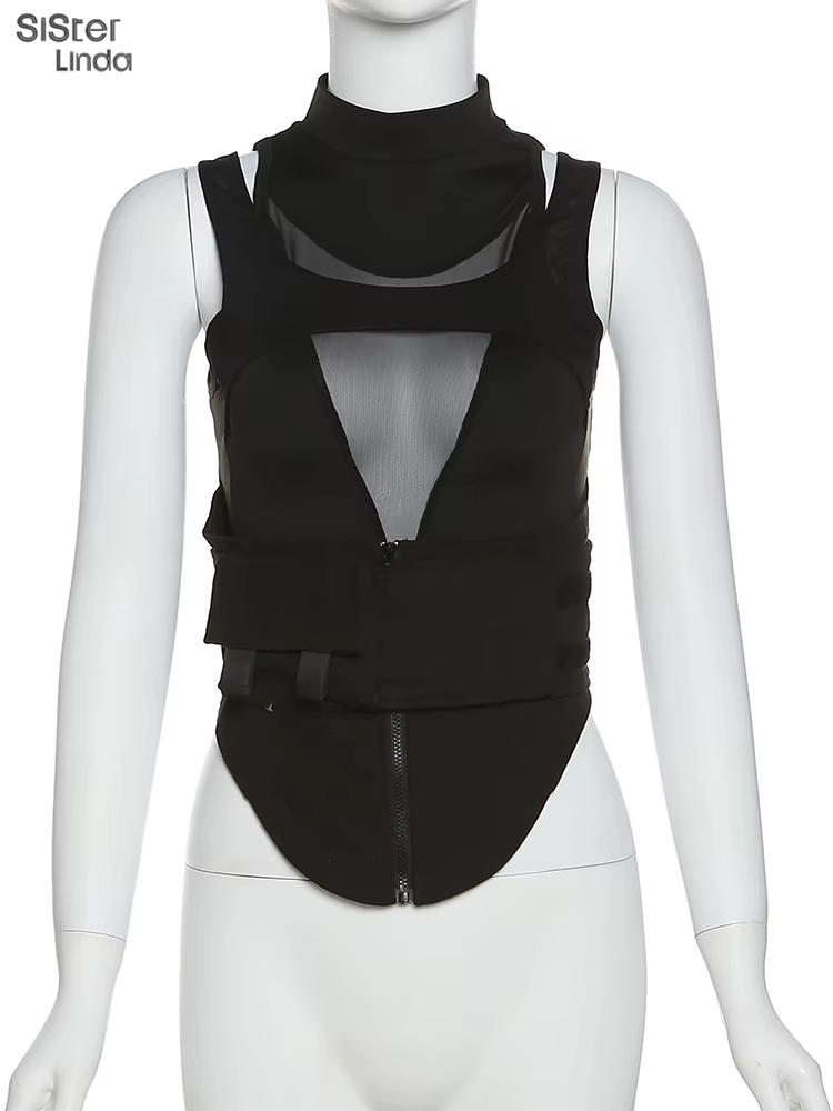 Sisterlinda-Haut moulant en maille avec fermeture éclair pour femme, ceinture multicouche, tendance