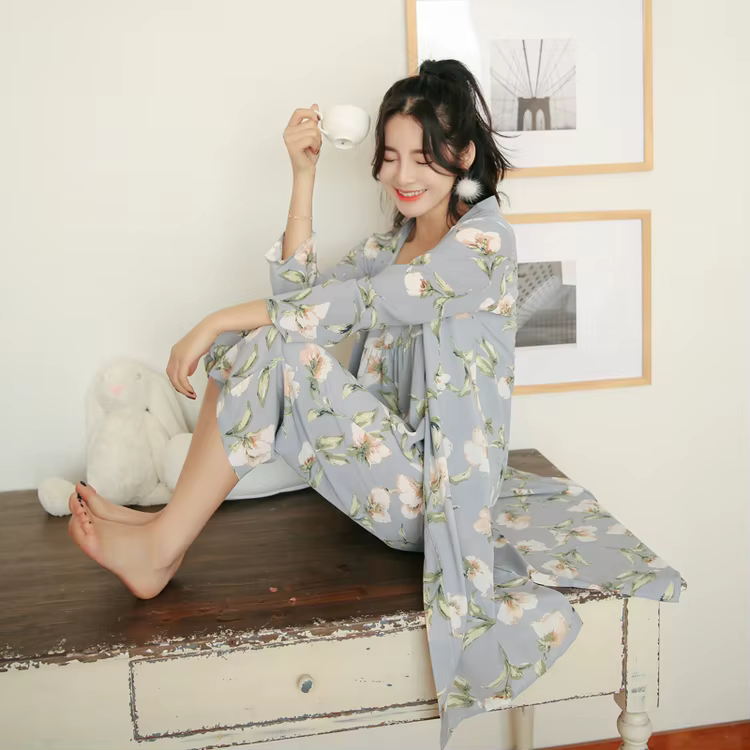 3 pièces femmes japon Kimono Pyjamas coton vêtements de nuit Pijama doux maison vêtements impression