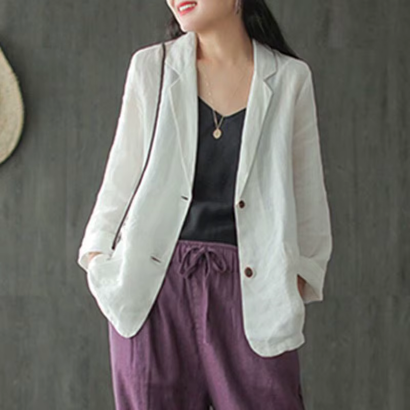 Blazer décontracté en coton et lin pour femmes, vestes fines pour dames, style vintage, solide, docu