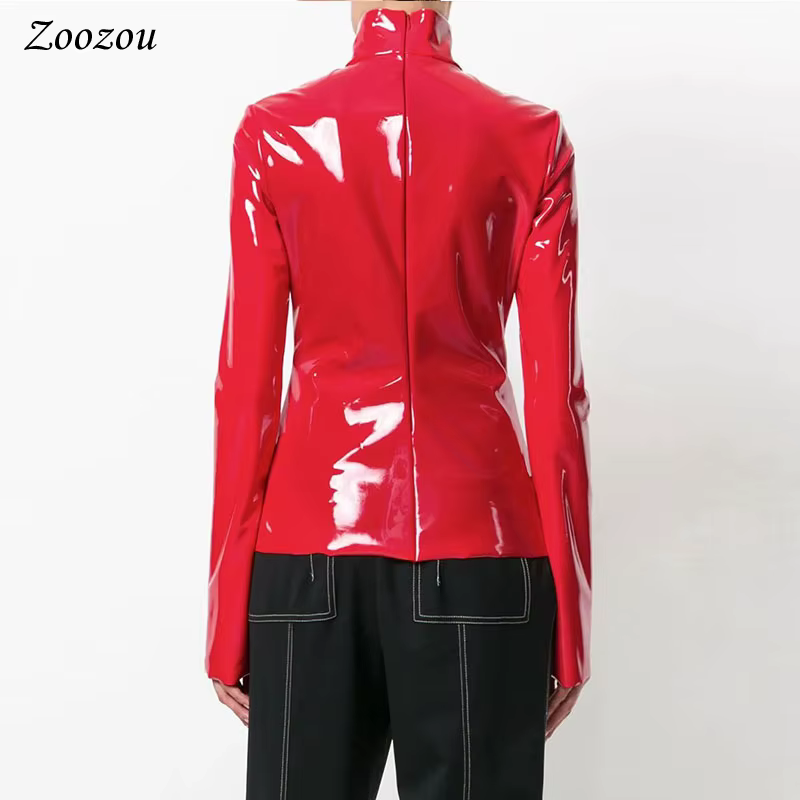 Pull à col roulé en similicuir verni pour femme, chemise à manches longues en Y, pull en PVC avec fe