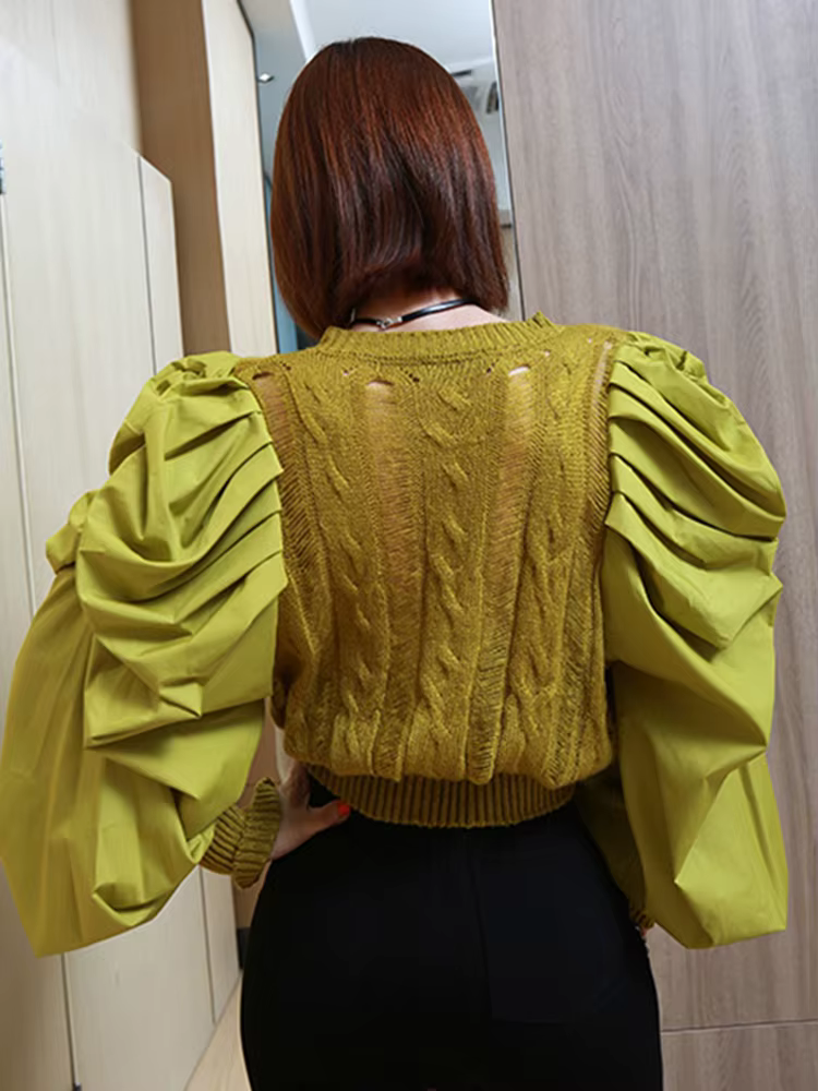 TWOTWurea YLE-Pulls coréens pour femmes, pulls patchwork, col rond, manches longues bouffantes, vête