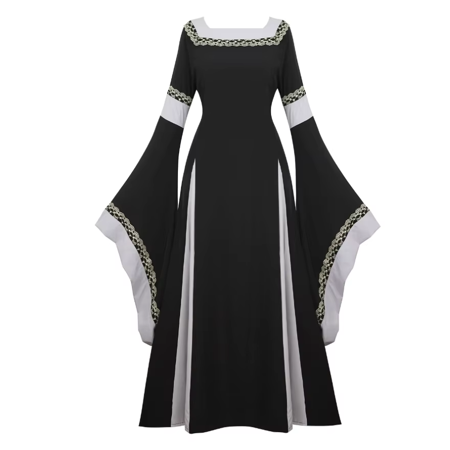 Femmes médiévale Renaissance trompette manches rétro Loor longueur robe dentelle garniture irlandais