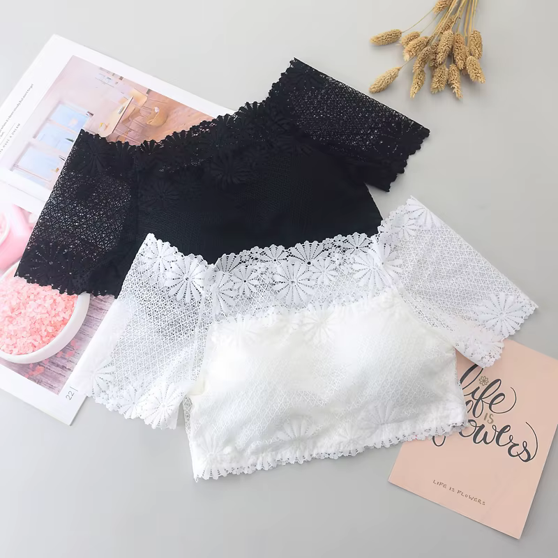 Nouvelles femmes Sexy dentelle épaules nues culture hauts avec soutien-gorge à manches courtes Haraj