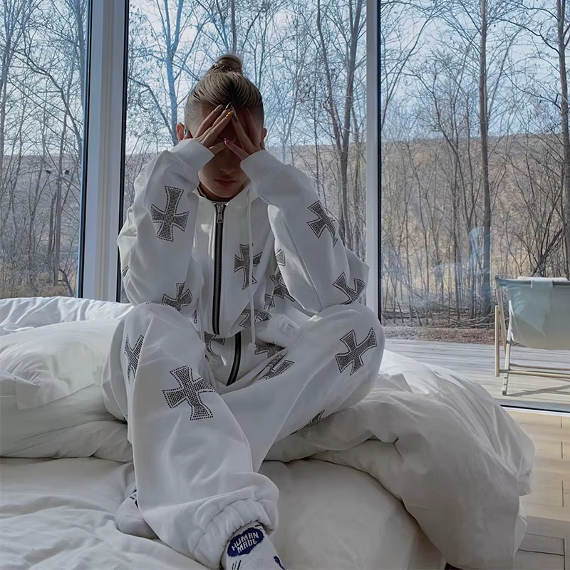 Ensemble deux pièces imprimé croix gothique pour femme, sweats à capuche et pantalons, survêtement c