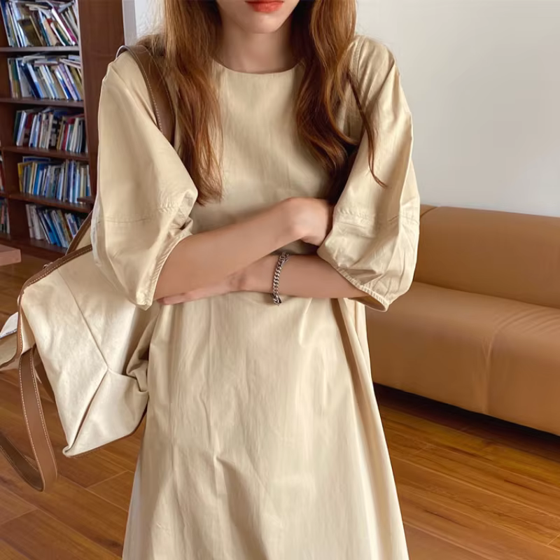 Robe longue beige à manches bouffantes pour femmes, robe d'été simple, robe maxi vintage, taille adt