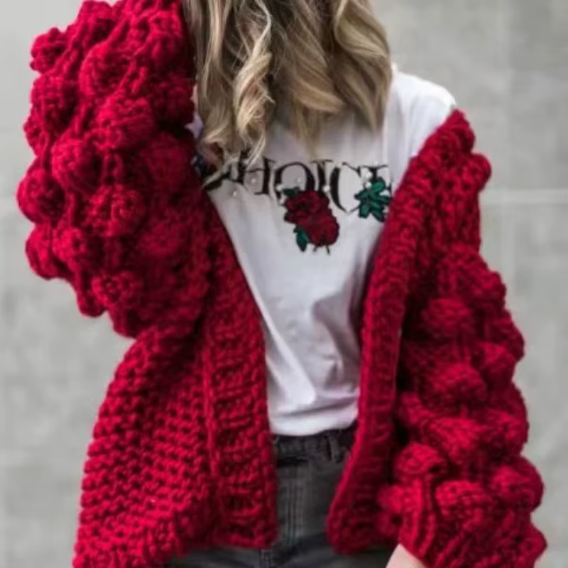 Cardigan au crochet grossier chic, pull à crochet floral 3D, manteau à la main, col en V, laine brut