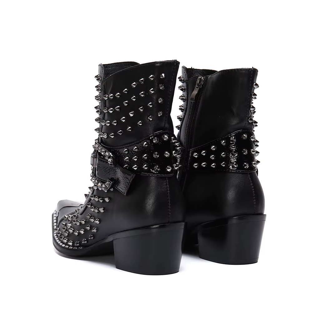 Bottes en cuir pointues à talons hauts pour hommes, chaussures de qualité, rivet, personnalité, chan