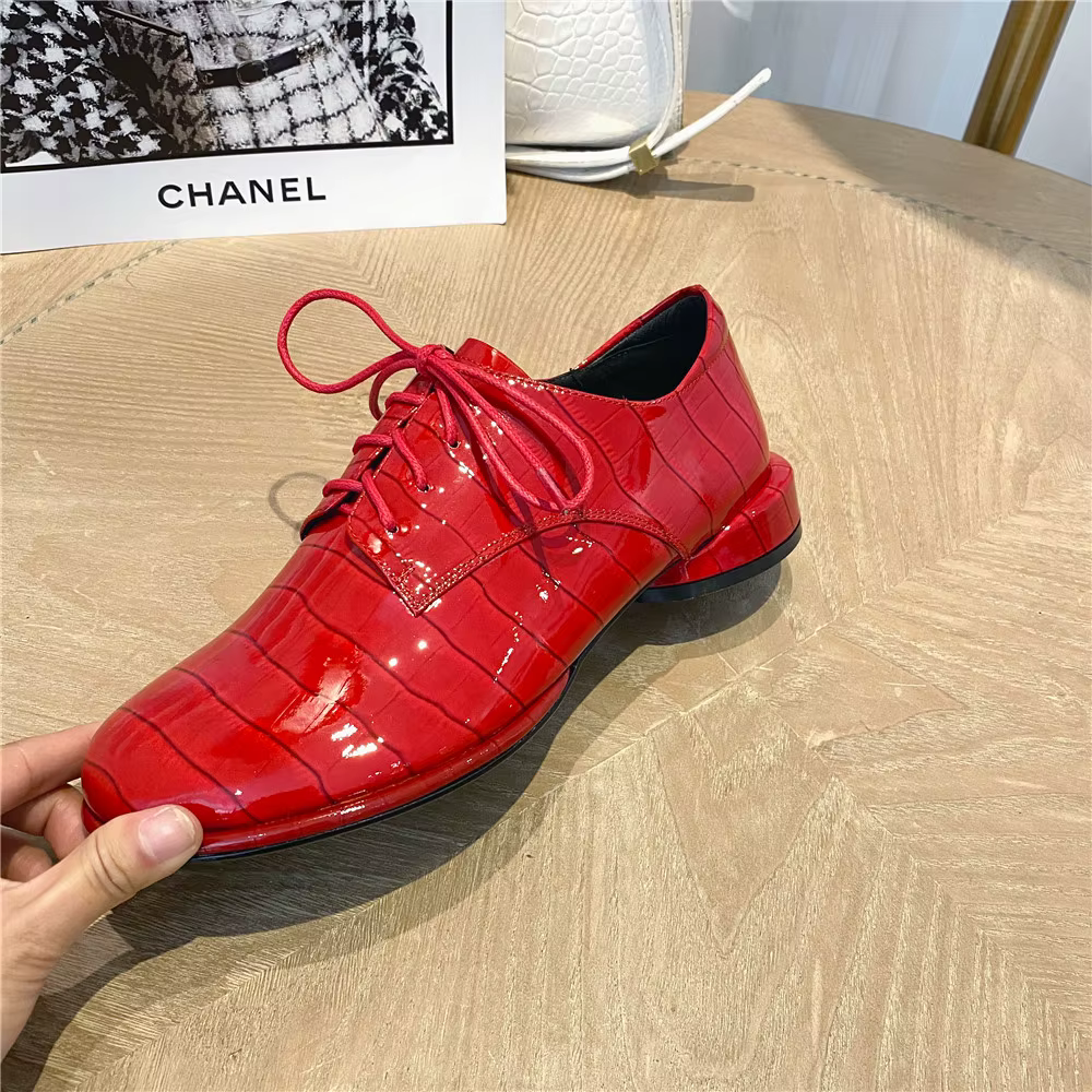Escarpins à lacets en cuir verni pour femmes, chaussures de printemps et d'automne à bout rond et à