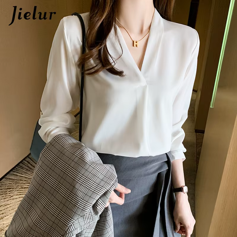 Jielur – chemises blanches de bureau pour femmes, couleur unie, col en v, hauts Skinny à manches lon
