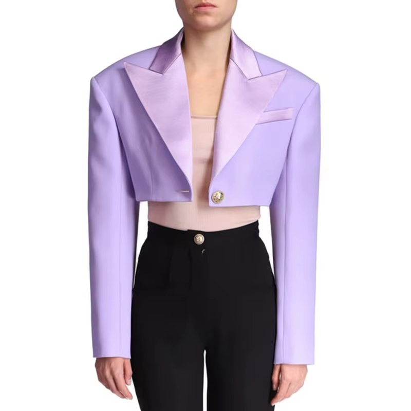 Blazer court en satin à boutons simples pour femmes, veste de créateur, col extra initié, haute qual