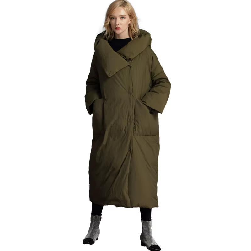 Veste longue et ample en duvet de canard pour femme, manteau avec col d'oreiller et capuche, surdime