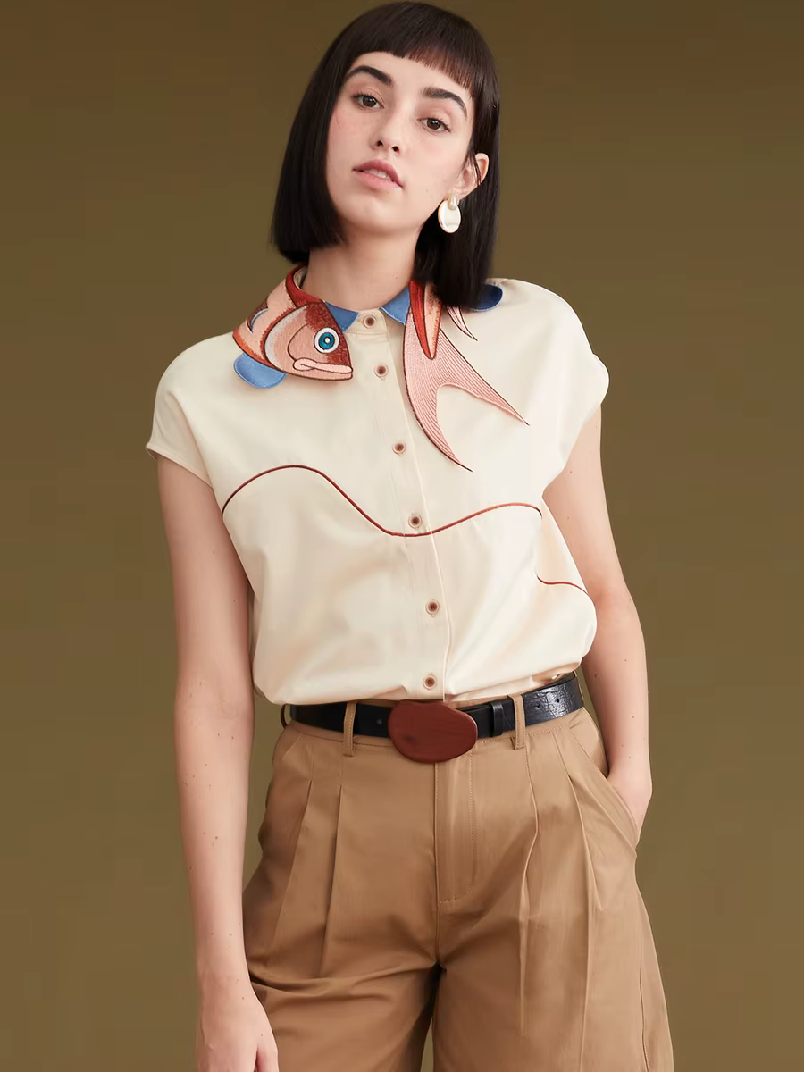 Chemise à manches courtes pour femmes, brodée irrégulière, poisson Koi, printemps et automne