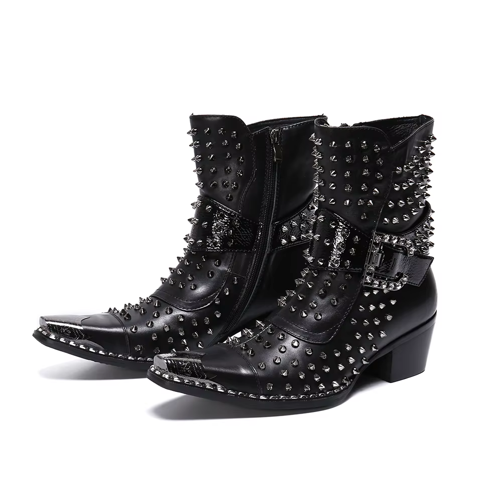 Bottes en cuir pointues à talons hauts pour hommes, chaussures de qualité, rivet, personnalité, chan