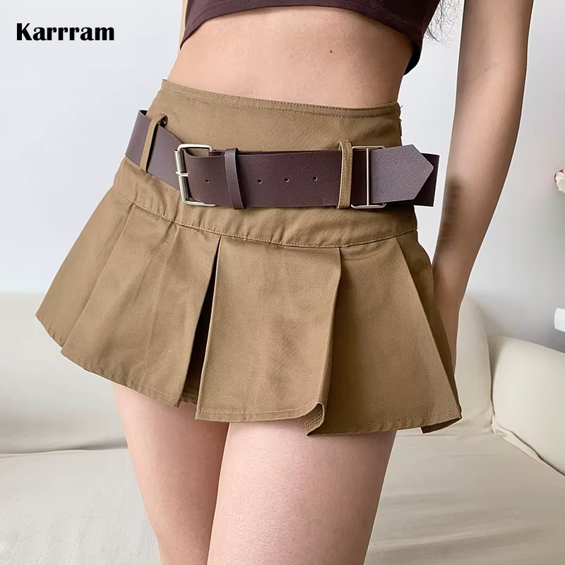 Karrram – Mini jupe plissée marron pour femmes, décontractée, taille haute, avec ceinture, mode coré