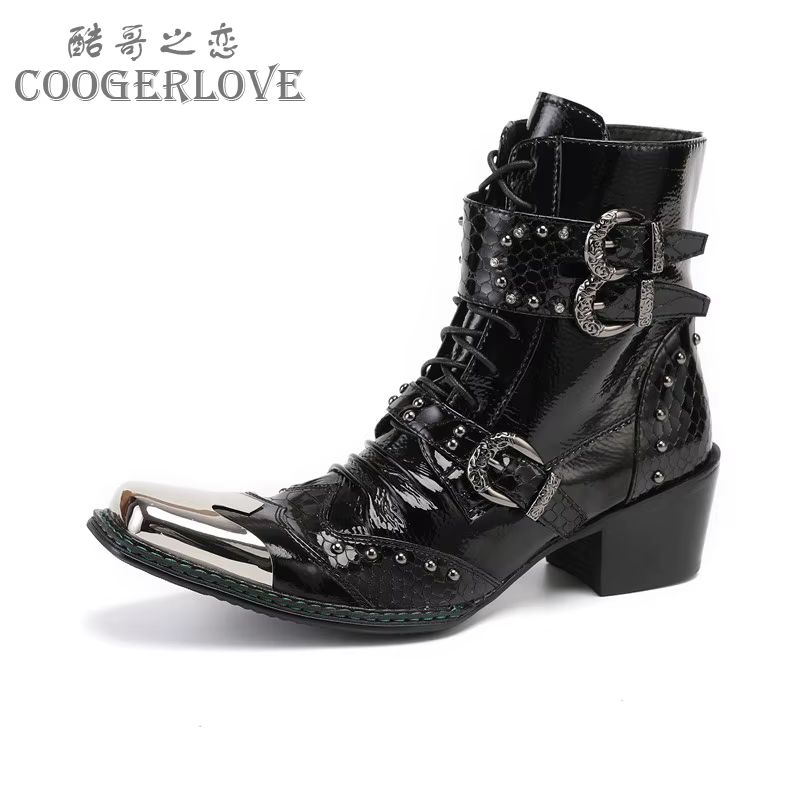 Bottes de cowboy occidentales à talons hauts pour hommes, ceinture Fangtou en métal, peau de vache s