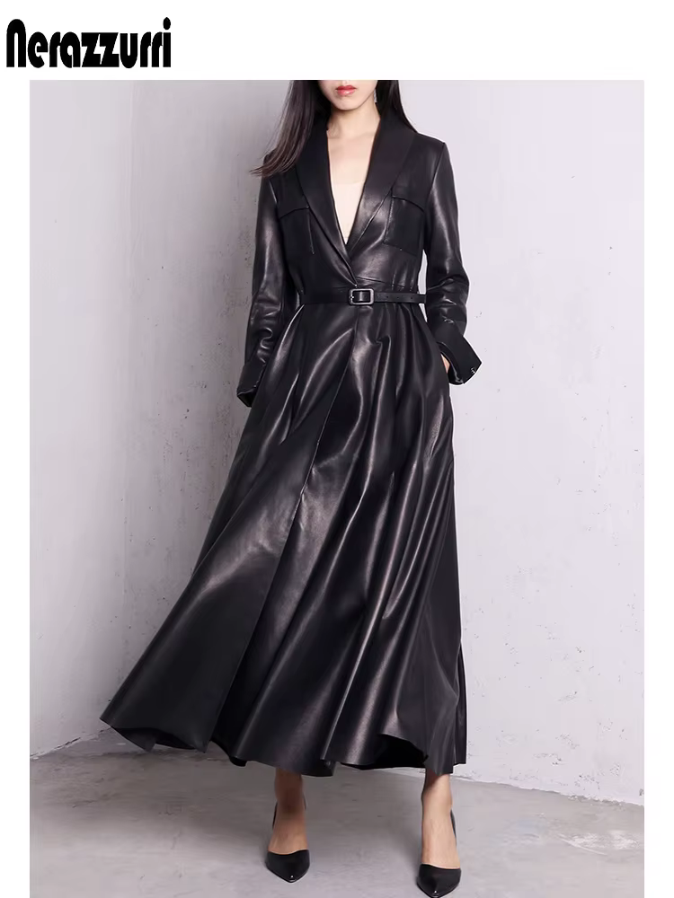 Nerazzurri-Manteau Maxi en Cuir PU pour Femme, Jupe Extra Longue, Pardessus Élégant, Rouge, Noir, Ha