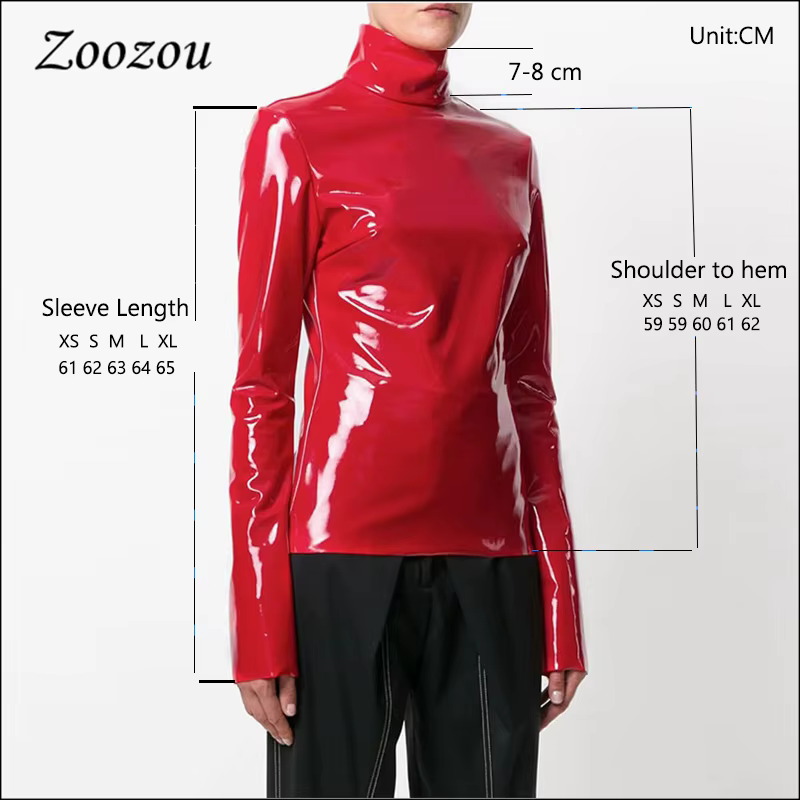 Pull à col roulé en similicuir verni pour femme, chemise à manches longues en Y, pull en PVC avec fe