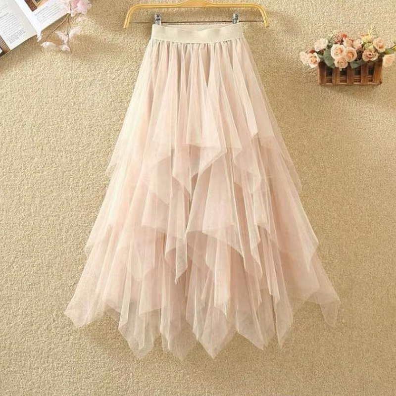 Jupes mi-longues taille haute pour femmes, jupes en tulle monochromes, maille blanche élégante et ch