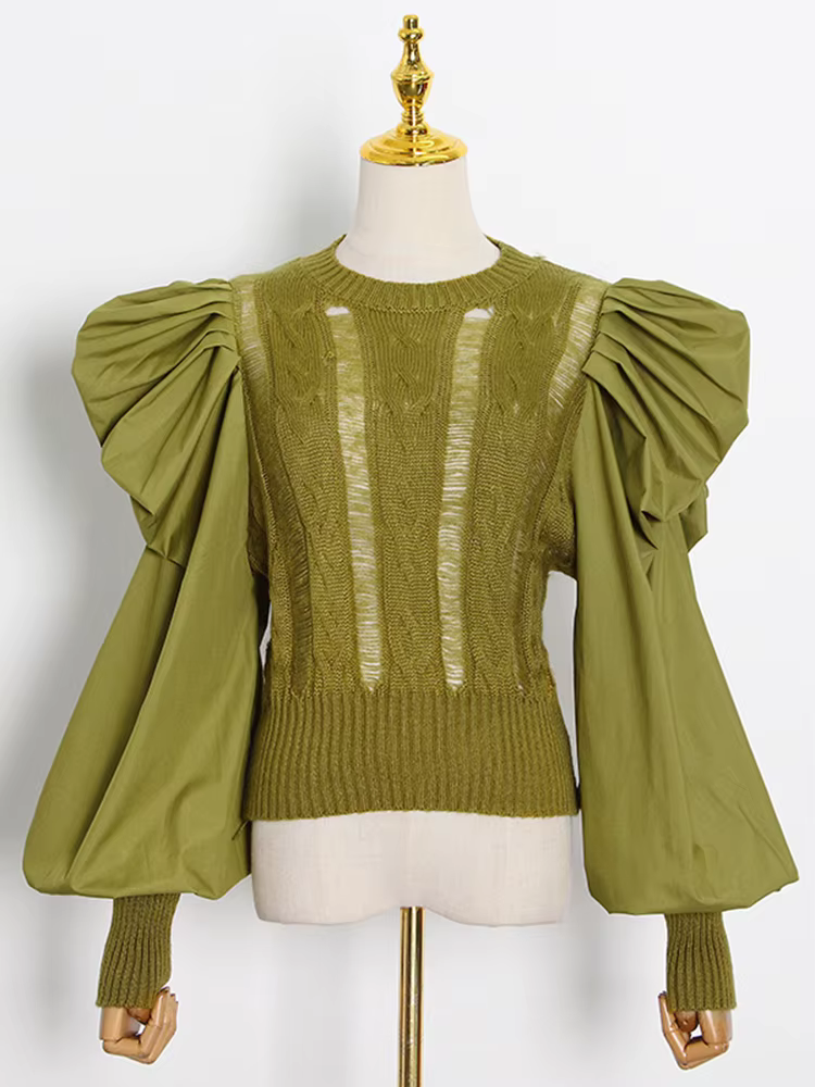 TWOTWurea YLE-Pulls coréens pour femmes, pulls patchwork, col rond, manches longues bouffantes, vête