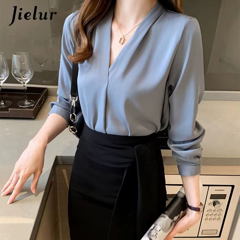 Jielur – chemises blanches de bureau pour femmes, couleur unie, col en v, hauts Skinny à manches lon