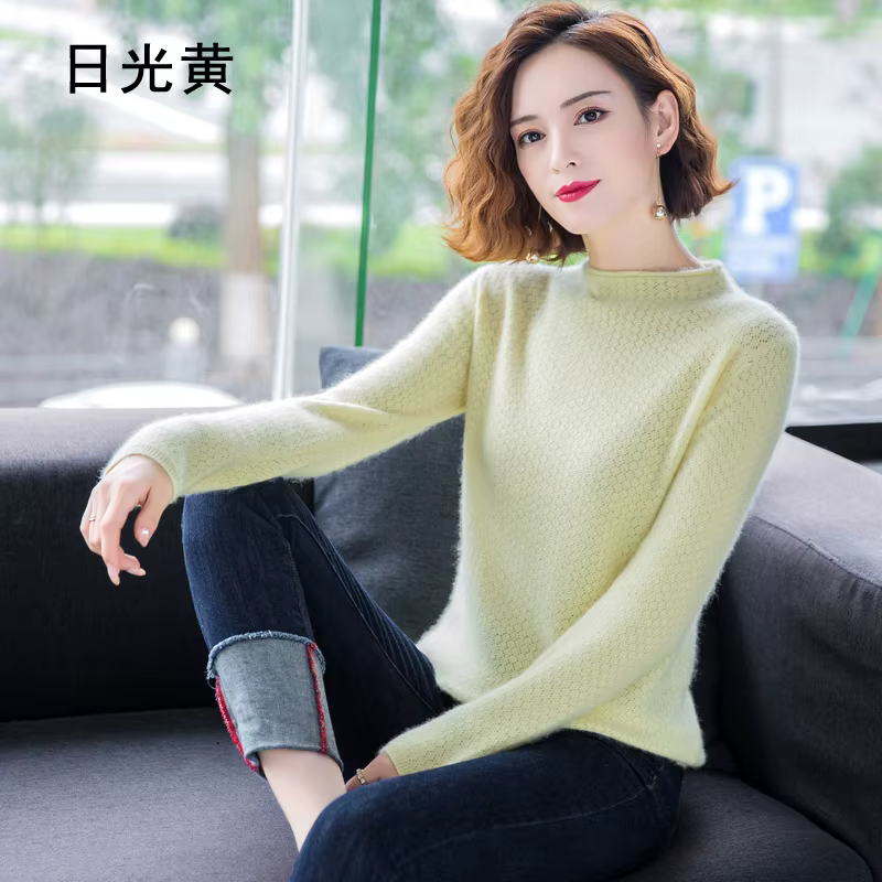 Pull en cachemire de vison pur pour femme, col rond, court, ample, tricot, chemise à manches longues