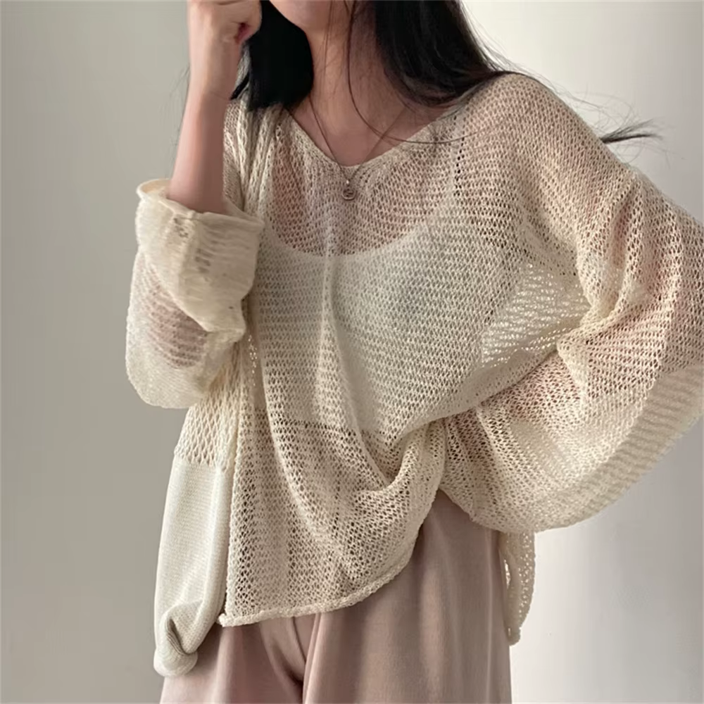Karrram – pull à manches longues pour Femme, Style paresseux, haut ajouré, Sexy, mode, décontracté,