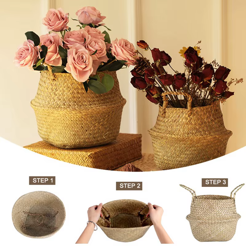 Mir de rangement tissé en jonc de mer WUNICEF, pot de fleurs de plantation pliable, panier à linge d