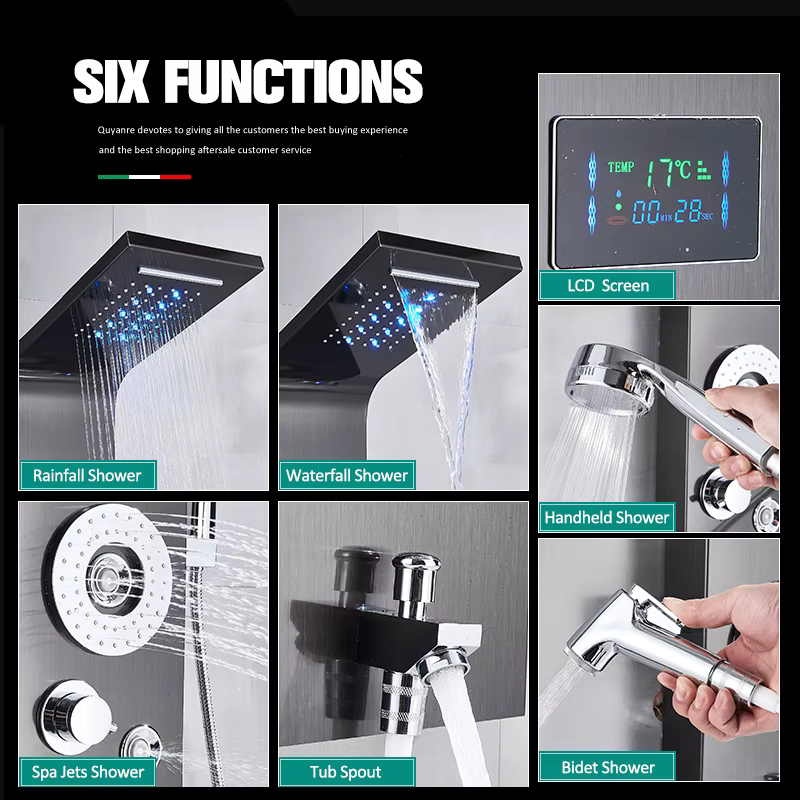 Panneau de douche LED en Nickel noir, colonne de douche à Six fonctions, cascade de pluie, Massage,